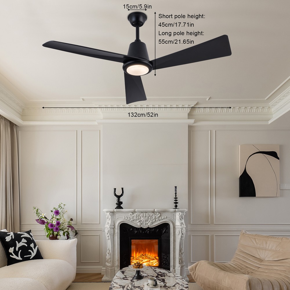 52 Inch Modern Black Ceiling Fan with Remote 3 Light Colors 2200lm Bright LED