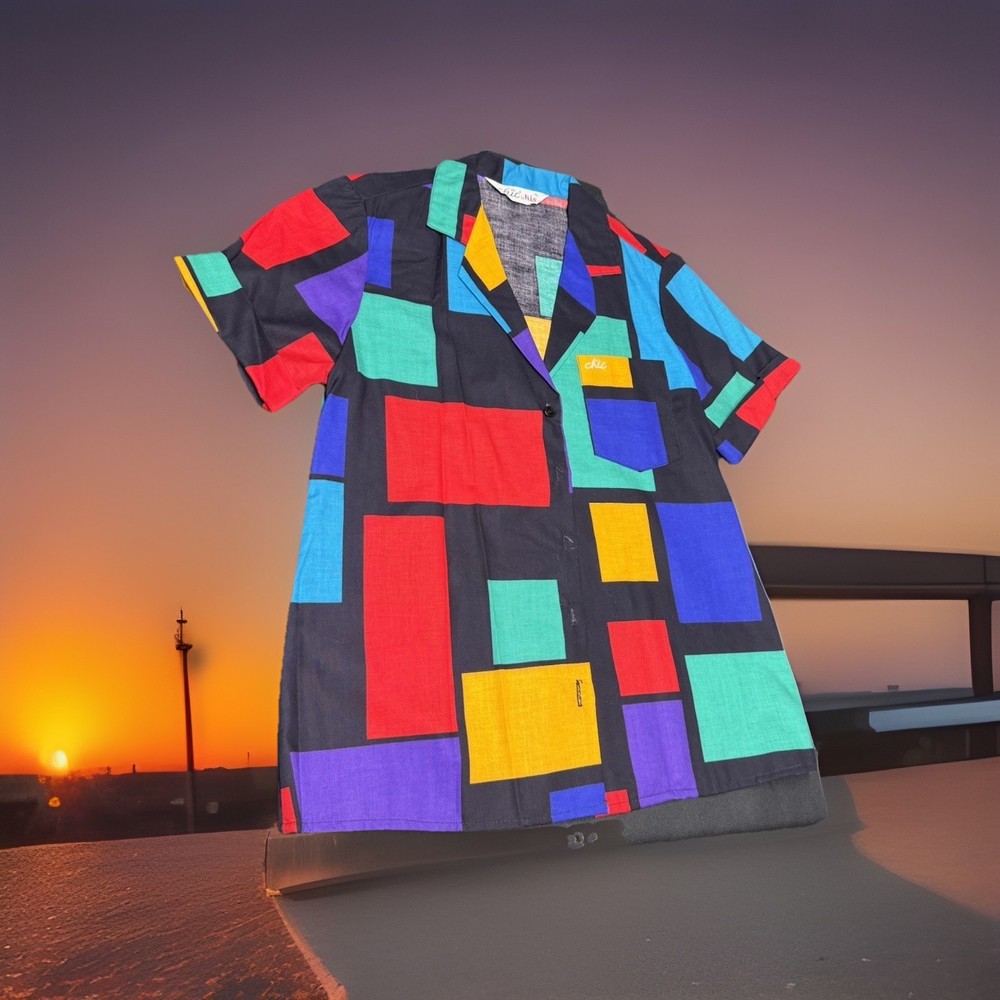 90s Vtg Chic by h.i.s. Geometric Color Block Shirt Mens Small NOS
