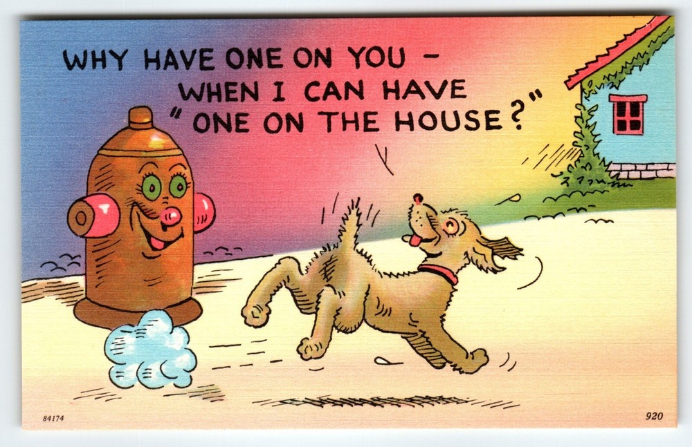 Dog Puppy Runs From Anthropomorphic Fire Hydrant Comical Postcard Linen Unused