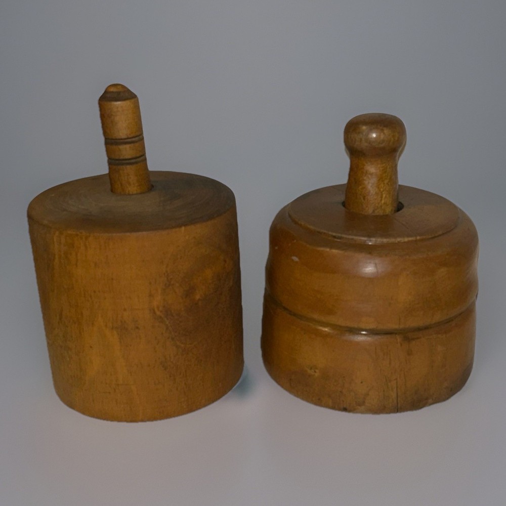 Antique Wooden Butter Mold Butter Stamp•Set Of 2•Hand Carved Acorn w Branch