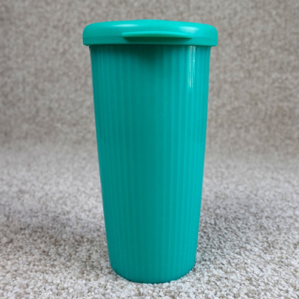 Tupperware Double Wall 24oz Tall Tumbler Teal Green Fluted Cup with Straw Lid