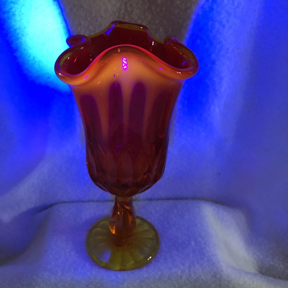 Vtg Fenton Amberina Red Swung Thumbprint Handkerchief Pedestal Vase Cadmium GLOW
