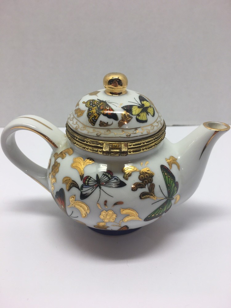 Formalities By Baum Bros Mini Tea Pot Trinket Box Butterfly Collection Gold Trim