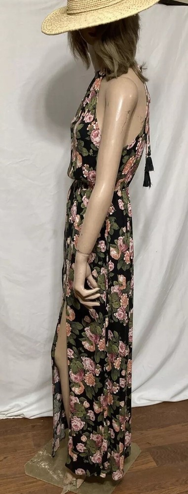 Romantic Sexy Tie Halter Floral Maxi Slits Dress Summer Witchy Whimsigoth Sz XXS