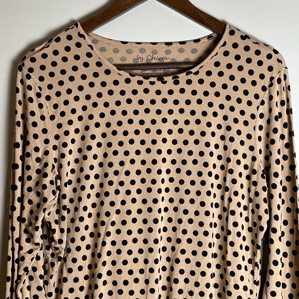 Chicos Womens Blouse 2 L 12 Brown Black Polka Dot Shirt Top Long Sleeve Office