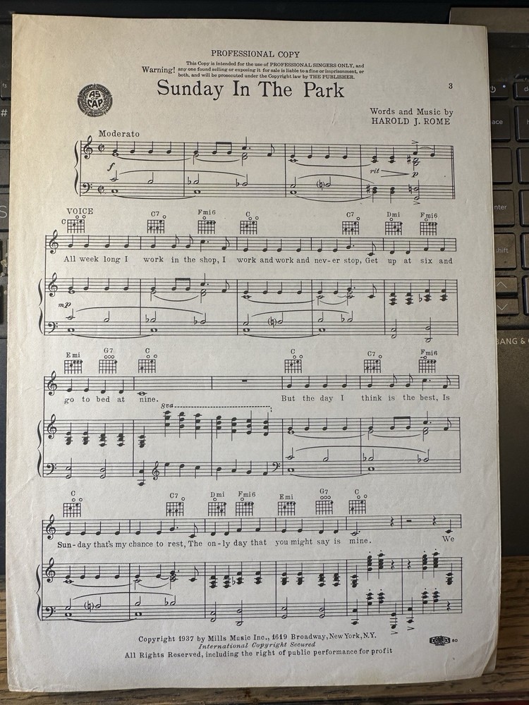 1937 Advance Sheet Music ‘Sunday In The Park’ Harold Rome