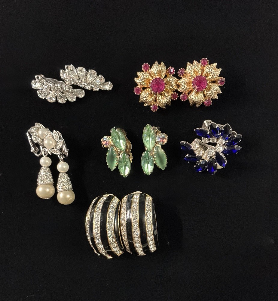 Vintage Costume Earrings Lot of 6 Rhinestone Clip Back.