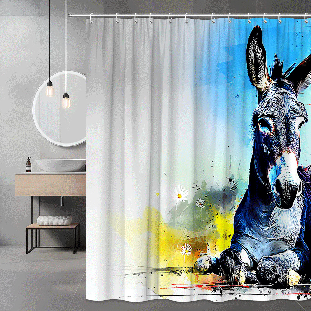 Donkey Shower Curtain Blue Watercolor Floral Art