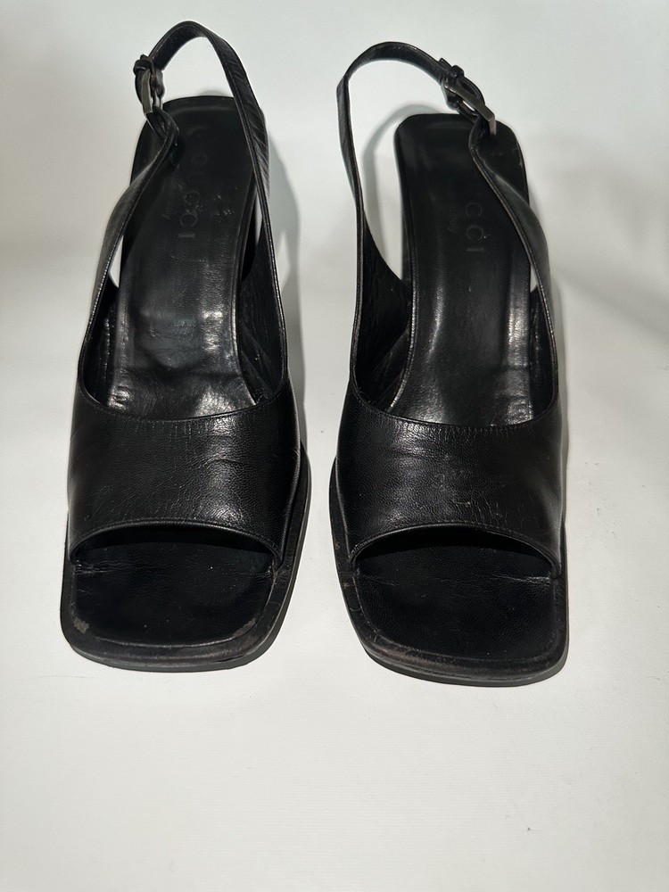 Gucci Peep Toe Slingback Heeled Black Shoes Size 6.5B Womens