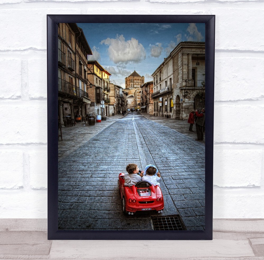 Kids little red car street buildings Wall Art Print