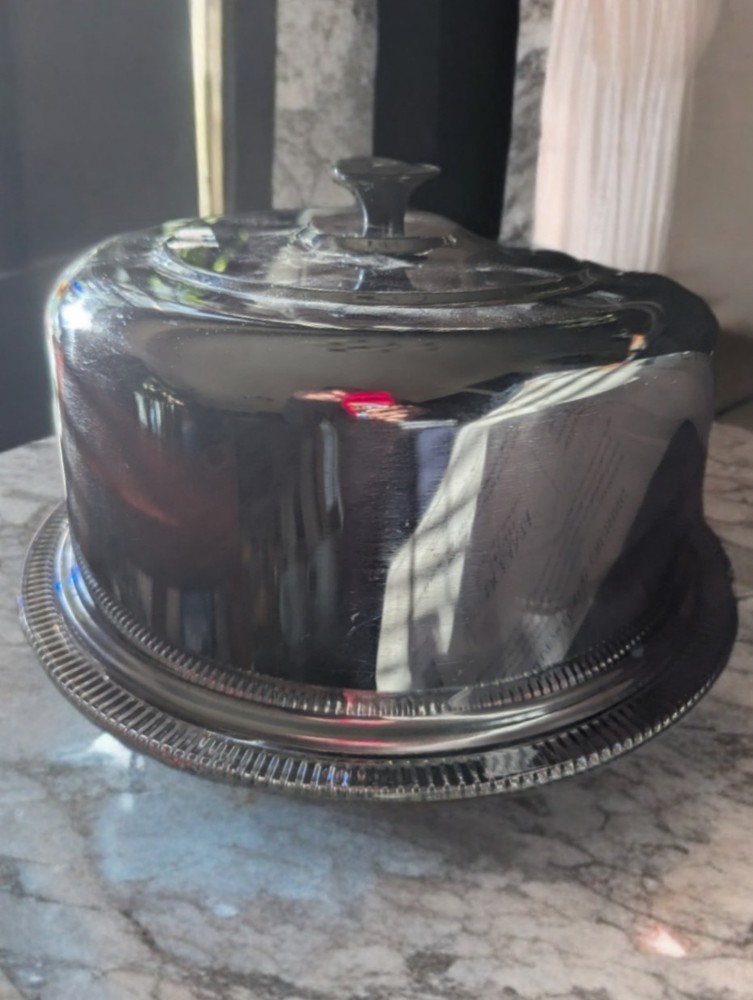 Vintage Chrome Fluted Glass Cake Stand with Black Knob