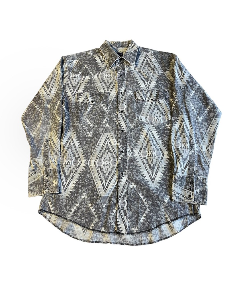 Vintage Wrangler Aztec Western Shirt Men's Size 16 Pearl Snap Gray X-Long Tails