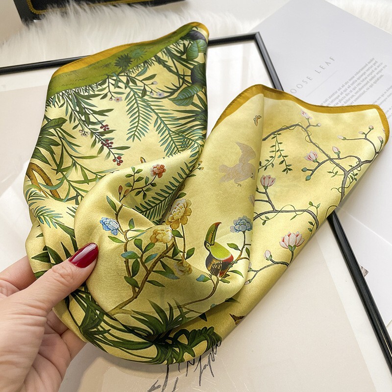 100% Silk 21-Inch Square Scarf for Women Floral Green Bandana Wrap Neckerchief