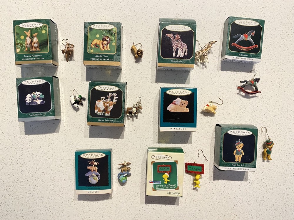 Hallmark miniature ornament vintage Lot of 10 Peanuts, Rocking Horse, animals