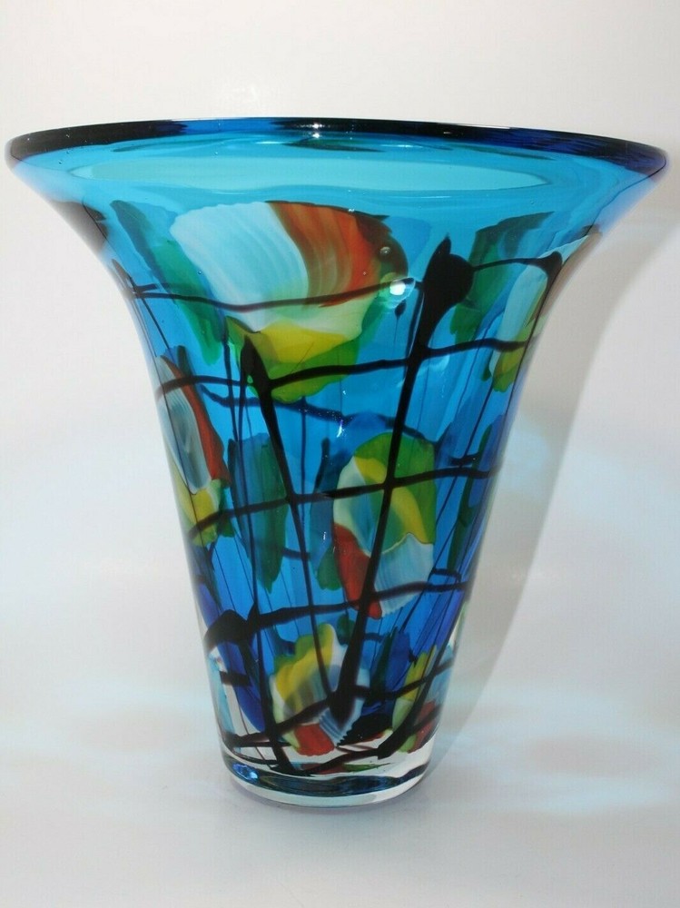 Vtg Dale Tiffany Art Glass Large Blue Vase with Abstract Colorful Pattern 9.5