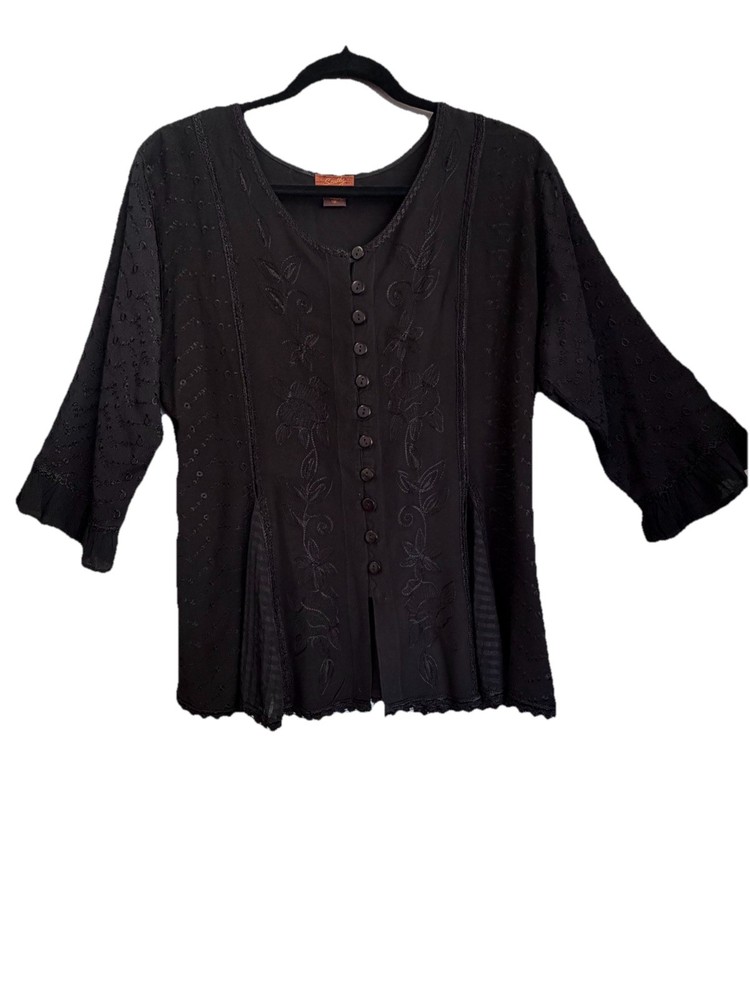 Scully Black Embroidered Floral Tunic Blouse Tie-Back Sz M 3/4 Sleeve