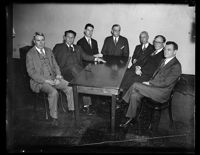 1930s Men in Suits Group Portrait Meeting at Table Black and White Photo