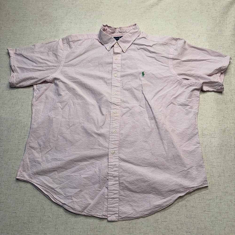 Vintage Ralph Lauren Polo Shirt Mens 2XL Pink 1990s Striped Button Up Pony