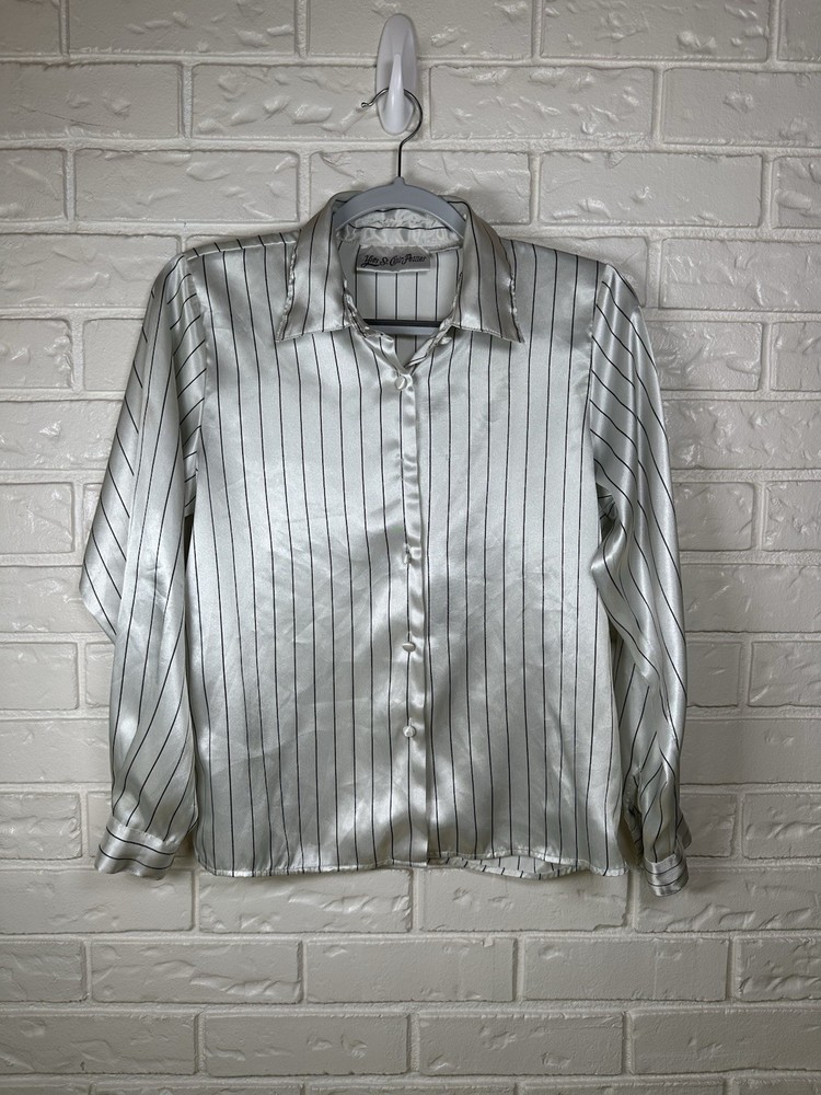 Yves St Clair Petites Silver Satin Pinstripe Blouse Vintage Y2K Office Siren