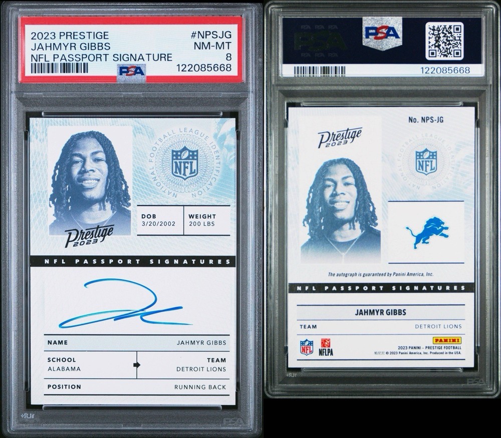 2023 PANINI PRESTIGE NFL PASSPORT SIGNATURE #NPSJG JAHMYR GIBBS PSA 8