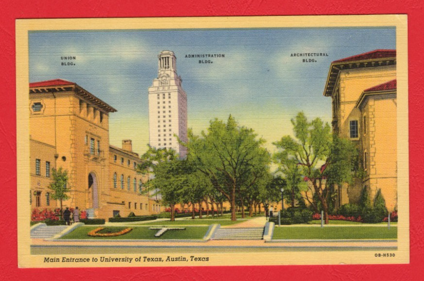 University of Texas Main Entrance, Austin TX - linen postcard ca 1940