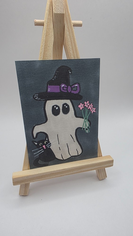 Cozy Haunts ACEO Original Ghost Art – Flower Ghost with Black Cat – Halloween Mi