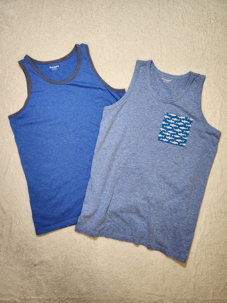 Old Navy Boys XL (14-16) Blue Cotton Jersey Tank Tops 2-Pack Shark Pocket