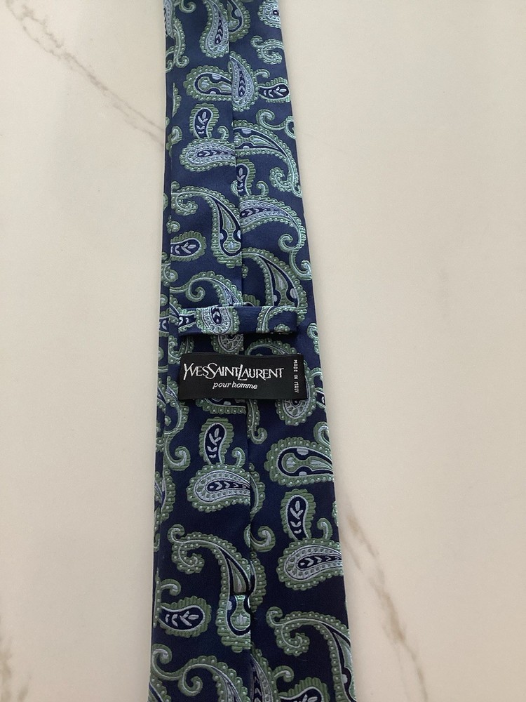 Yves Saint Laurent Men's 100% Silk Paisley Tie Blue Green