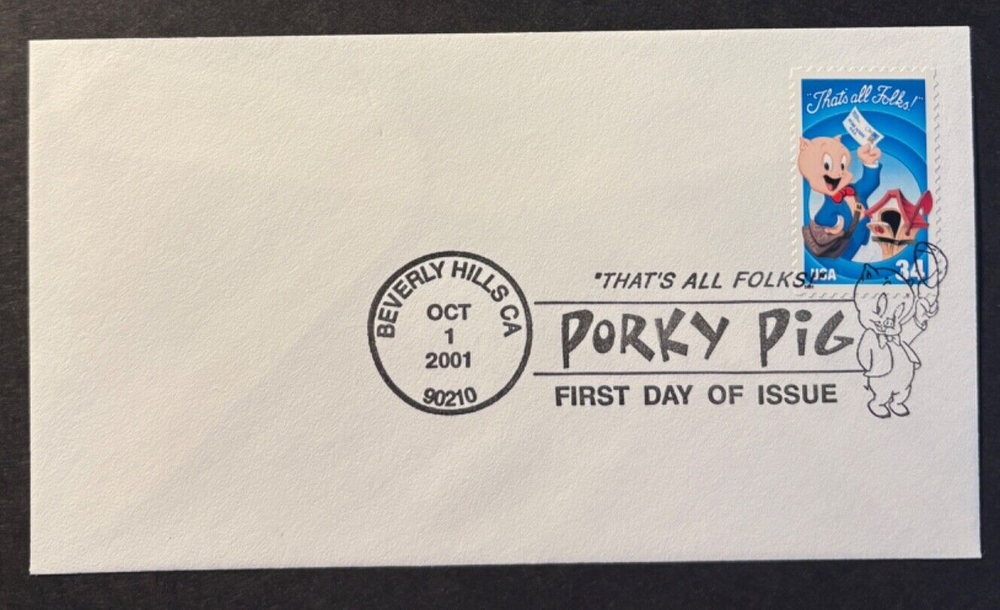 #3534a Porky Pig stamp with USPS FDC cancel, no cachet