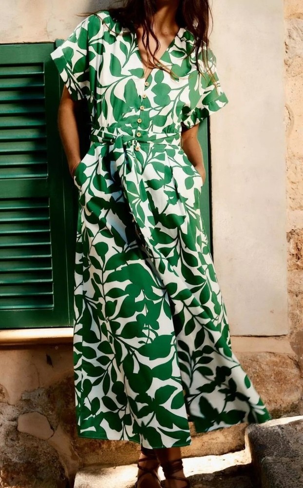 ZARA Floral Printed Midi Dress  Belted Maxi Sundress, White And Green  XS