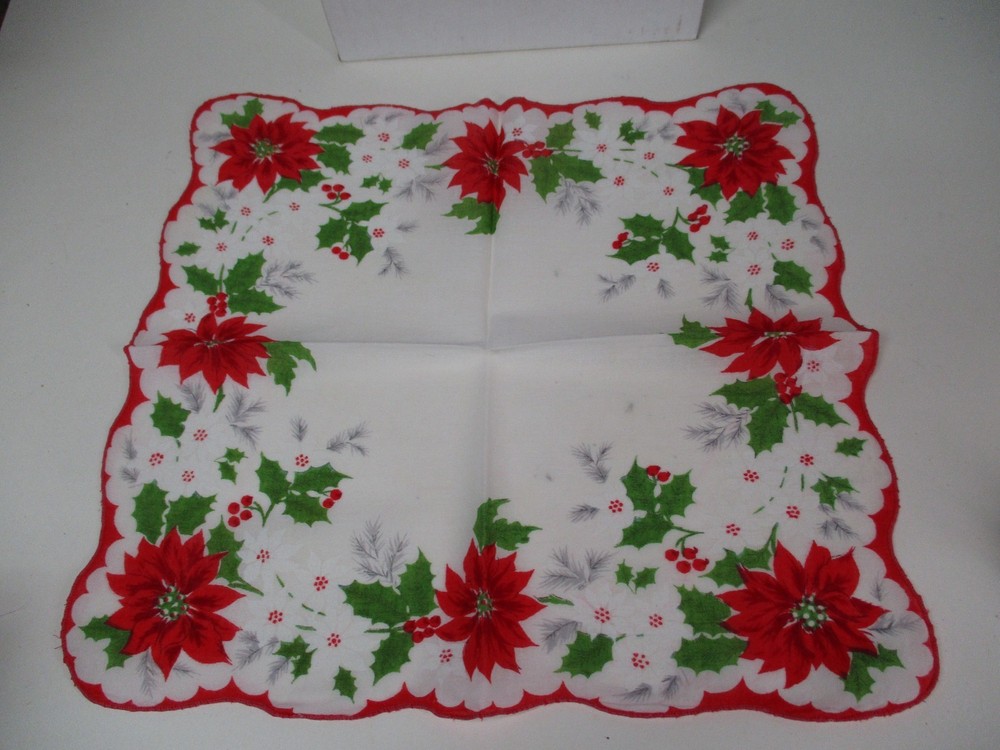 Vintage Cotton Christmas Hankie Handkerchief #5 - Red & White Poinsettia