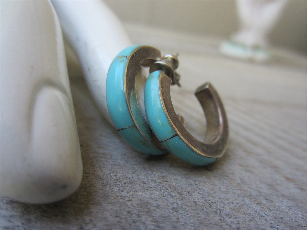 Vintage Sterling Silver Turquoise Stone Inlay 7/8