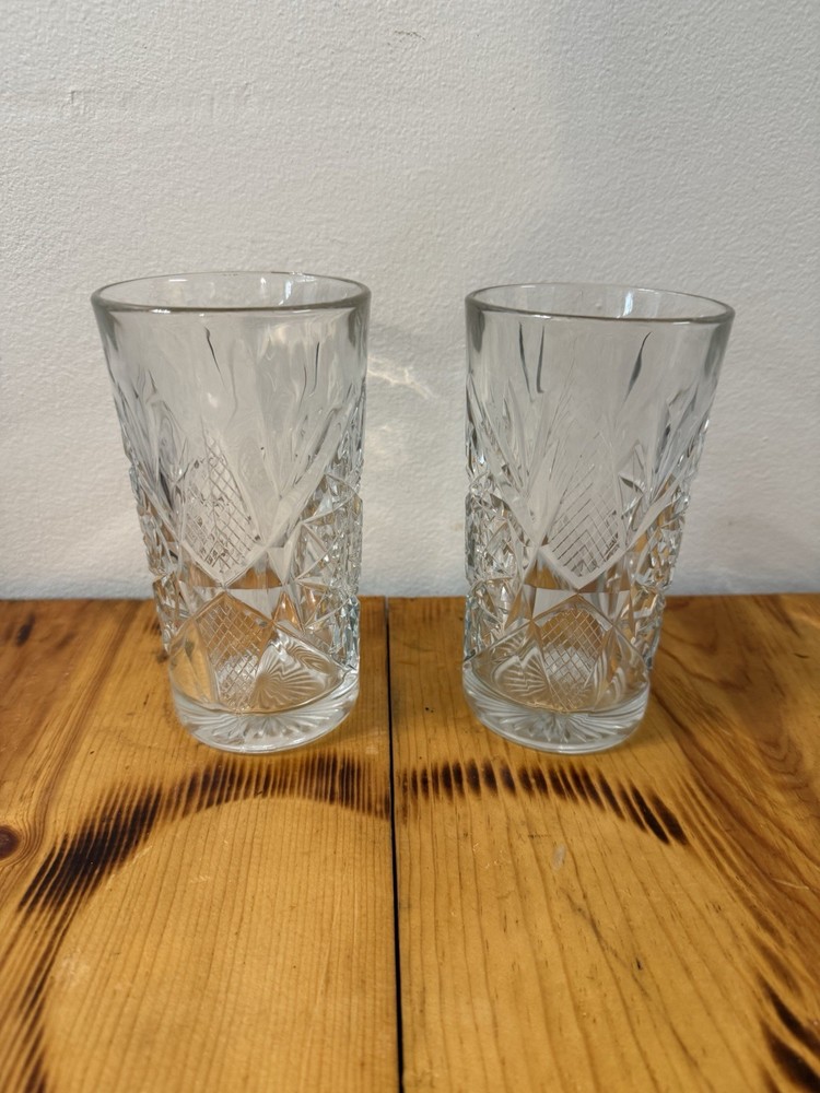 Set of 2 Vintage Cut Glass Highball Glasses Iced Tea Tumblers Heavy Clear Glass