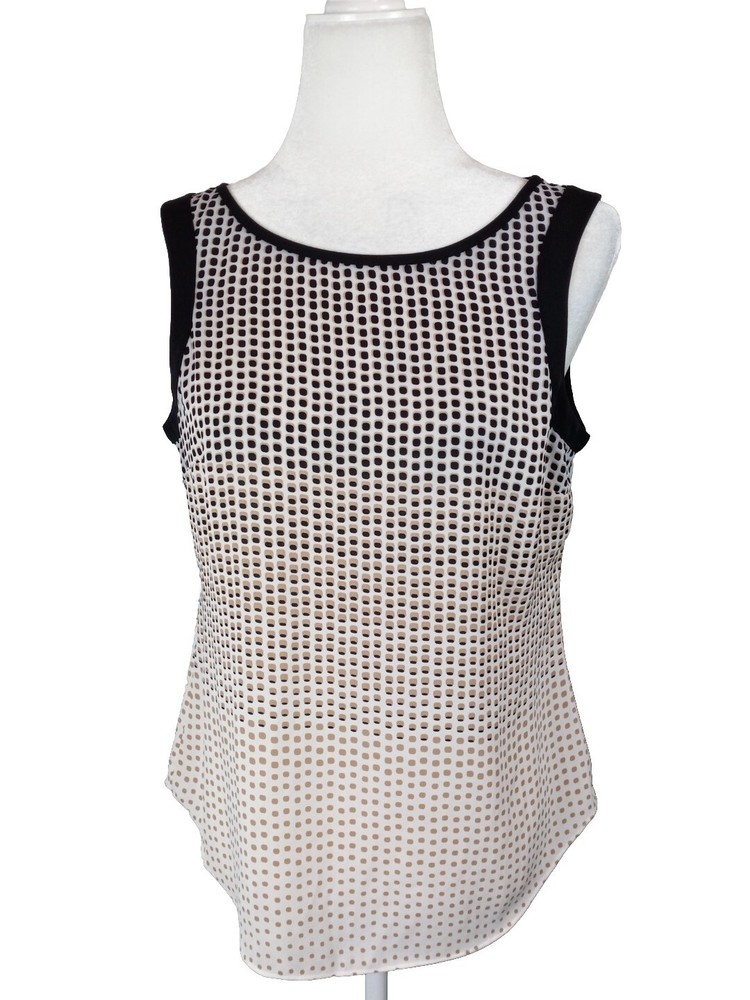White House Black Market Small  White/Black/Tan Tank Polka-dot Artsy 80's Fun