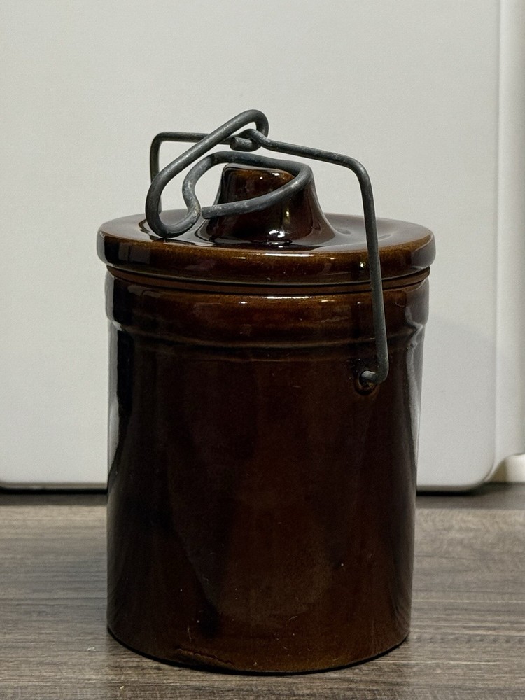 Vintage Cheese / Jam / Butter Crock Glazed Ceramic With Lid And Metal Latch