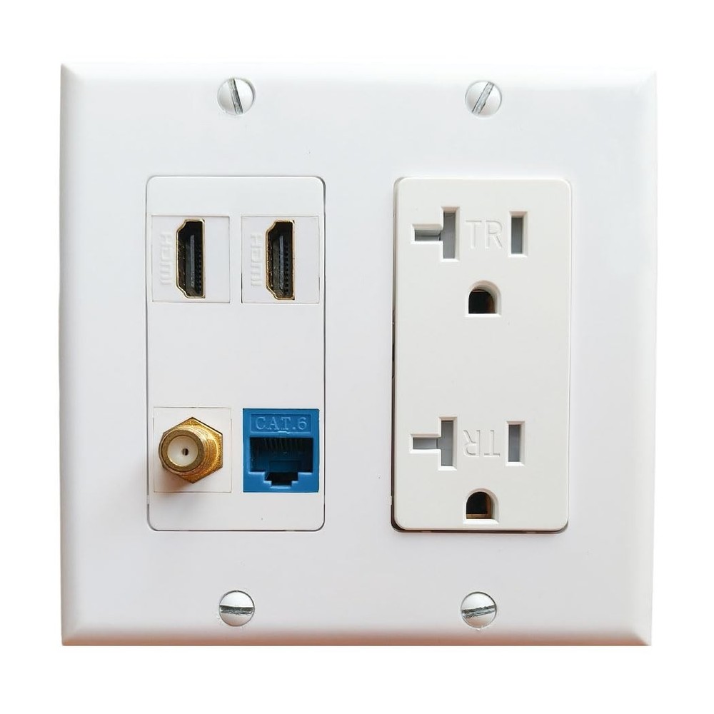 20Amp Power Outlet and Ethernet Coax HDMI Wall Plate - Electrical Outlet with...