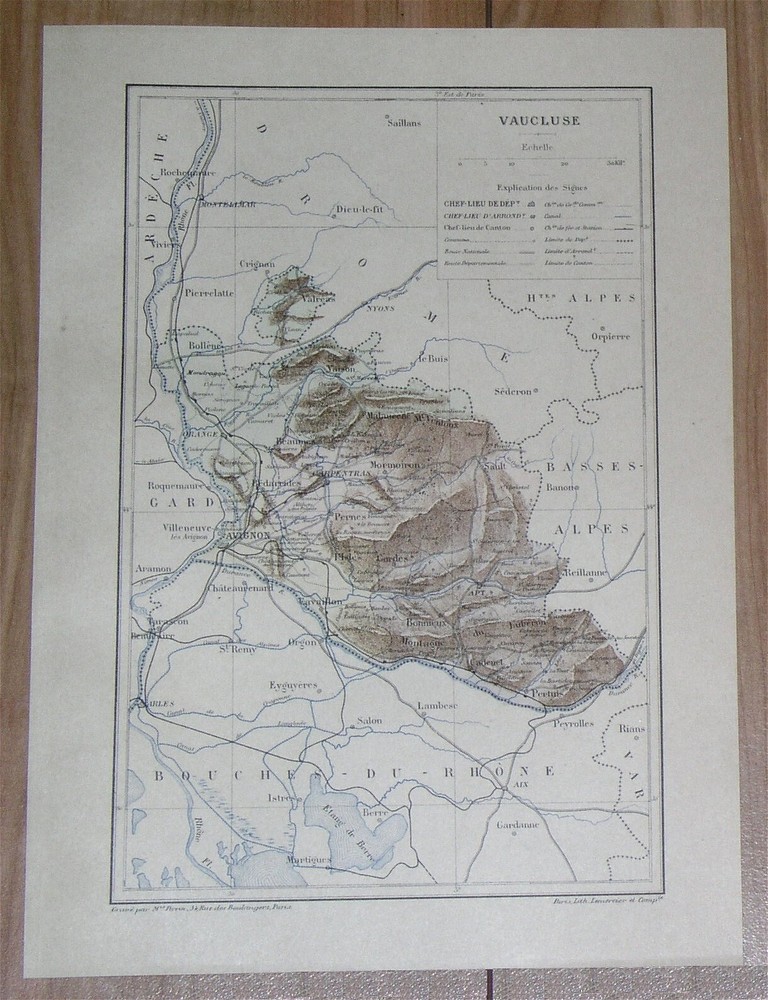 1887 Original Antique Map Of Department Of Vaucluse Avignon / France