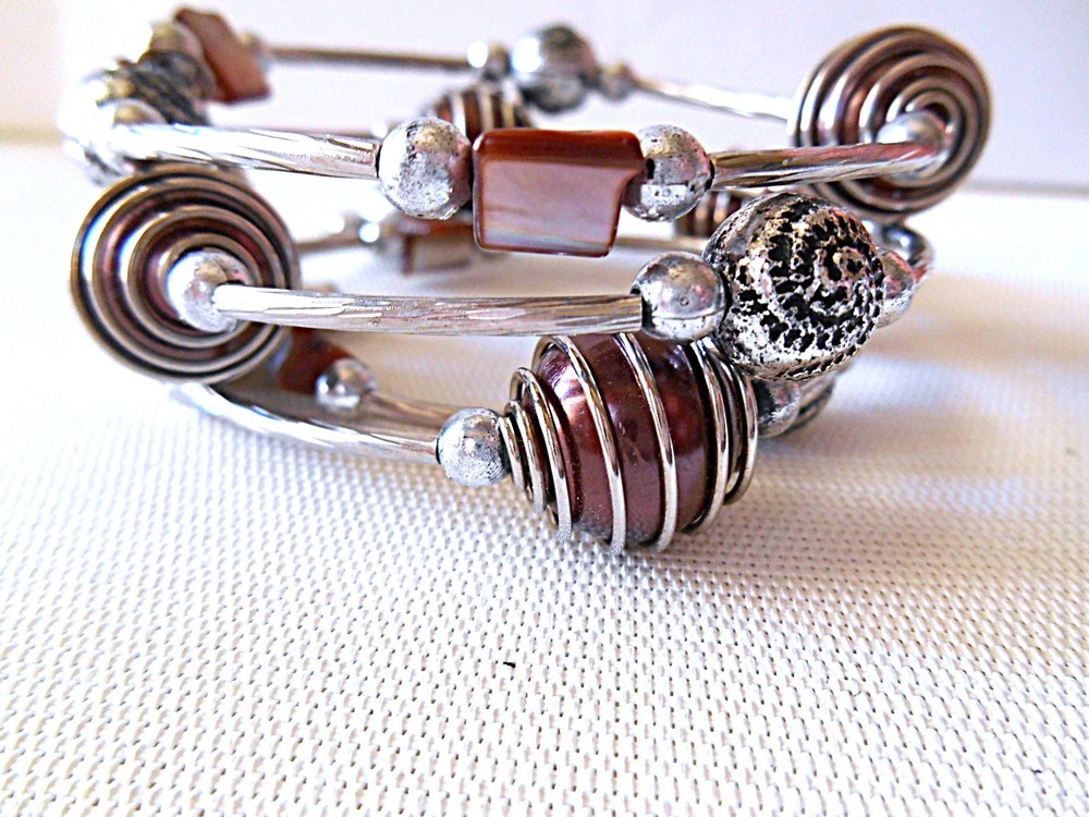 Silvertone & Brown Beaded Wrap Around Bracelet