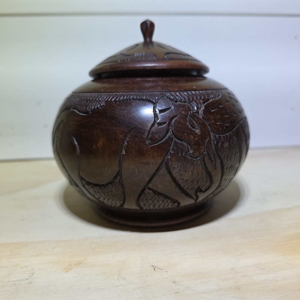 Wooden Elephant Trinket Box Round Hand Carved Heavy Wood Ironwood?