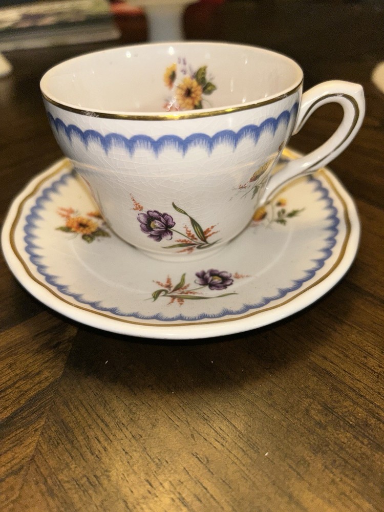 Royal Doulton Larchmont Porcelain Floral Cup & Saucer Set Blue Gold Trim England