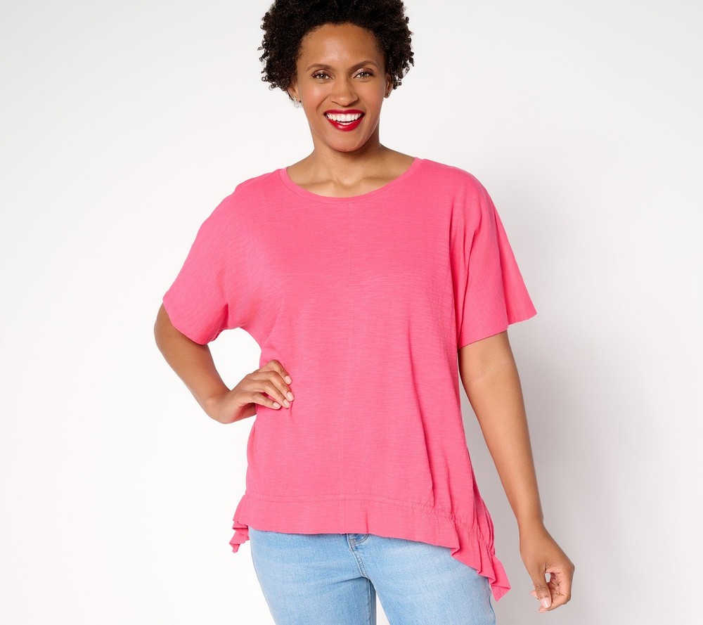 Fashion Women's Top Sz L 100% Cotton Ruched Hem Pink A697242