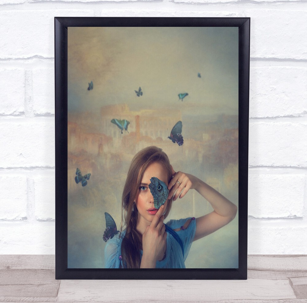 Butterfly floating through eye woman Wall Art Print