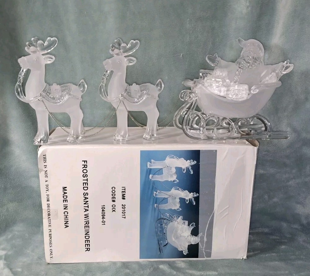 Santa in Sleigh Reindeer Froasted Clear Christmas Figurine Table Mantel Display
