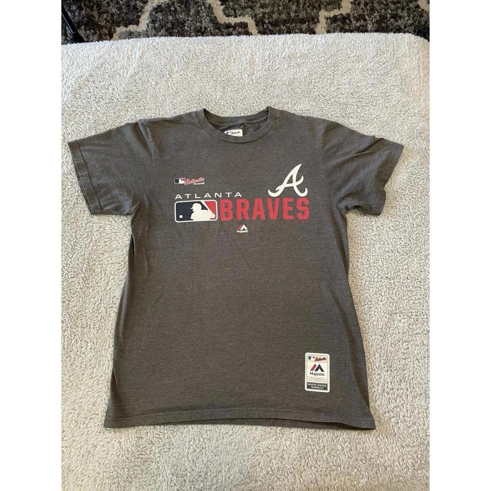 Majestic Men's T Shirt Size Medium Atlanta Braves MLB Grey Crew Neck Cotton