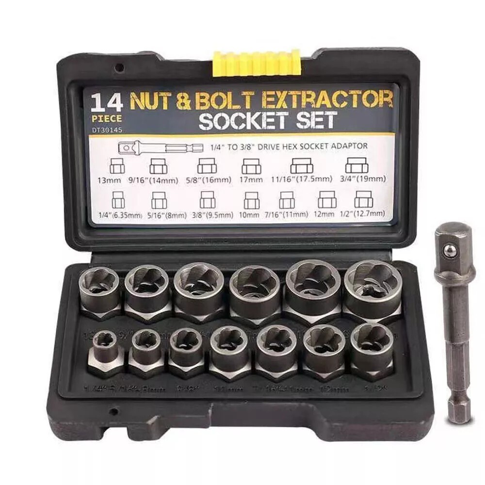14PC Impact Bolt & Nut Remover Set Extractor Damaged Rusted Adapter Storage Case