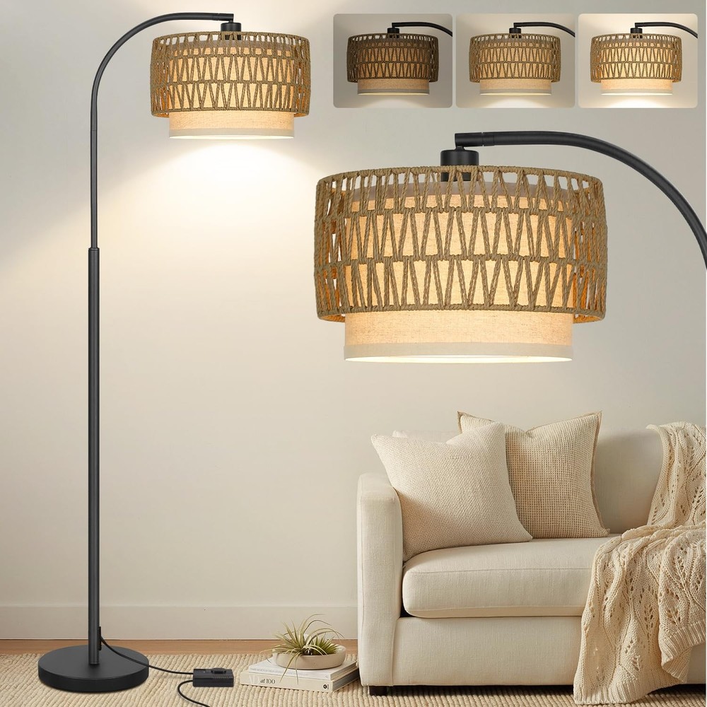 Rattan Floor Lamp, Dimmable Boho Floor Lamp, Farmhouse Arc Standing Lamp with...