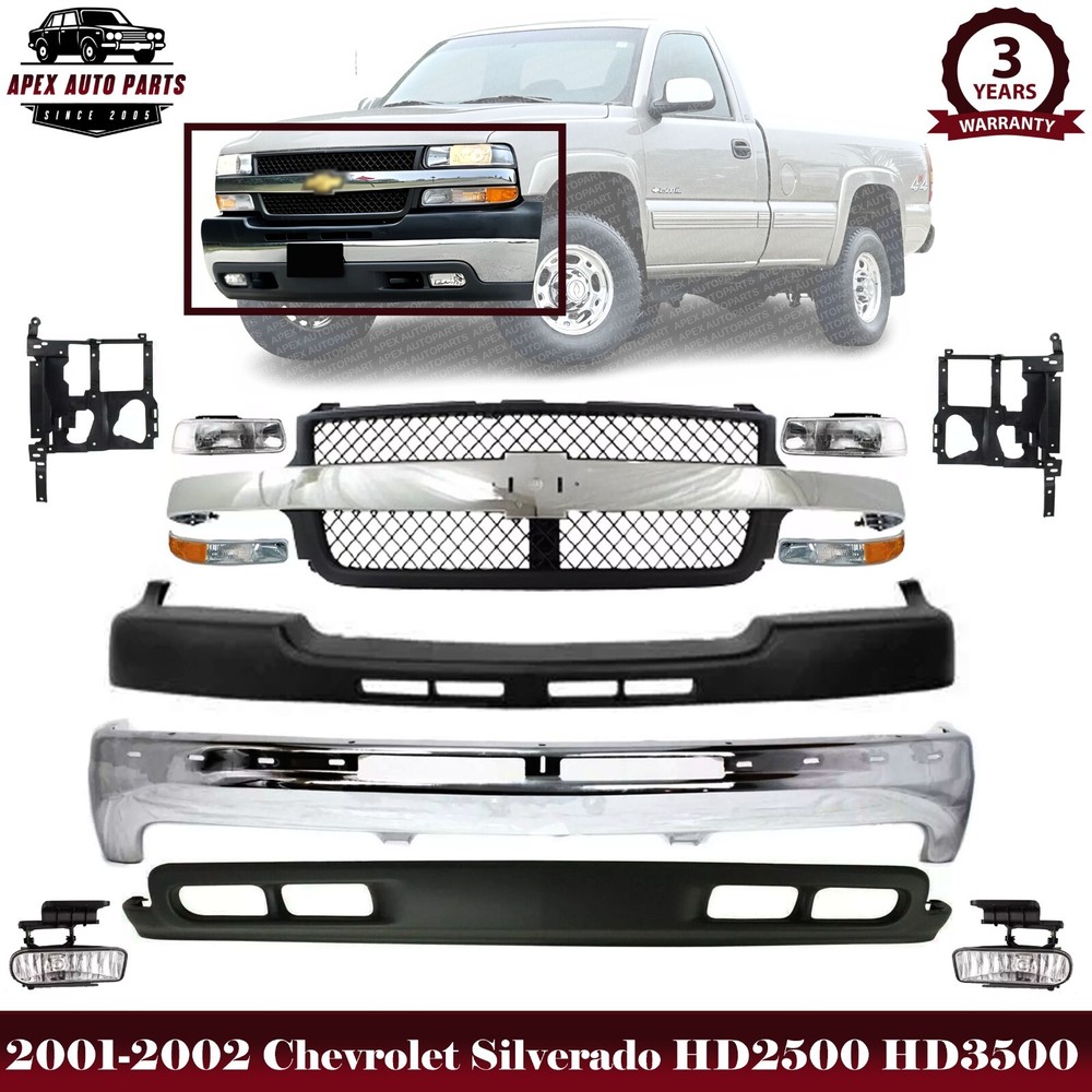 Front Bumper Chrome & Grille Assembly Kit For 2001-2002 Silverado 2500 HD & 3500