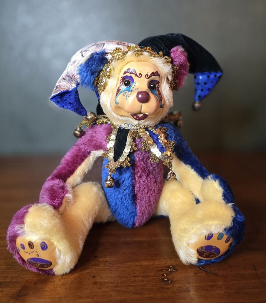 Robert Raikes-Wood Painted Colorful Jester,Cartwheel Tedddy Bear 199/550 (13