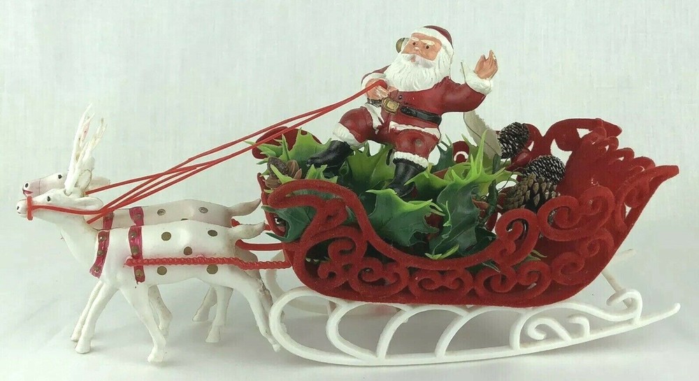Vintage Plastic Waving Santa in Sleigh with 2 White Gold Reindeers Christmas