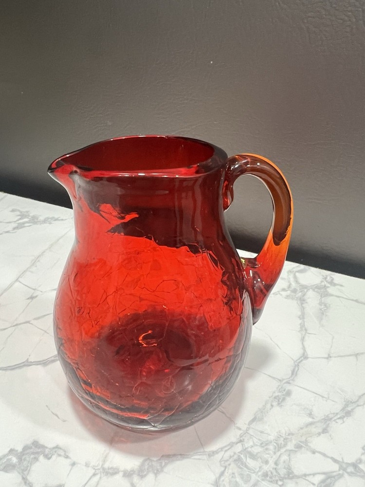 Vintage Red Hand Blown Crackle Glass Mini Vase With Cadmium Glow Applied Handle